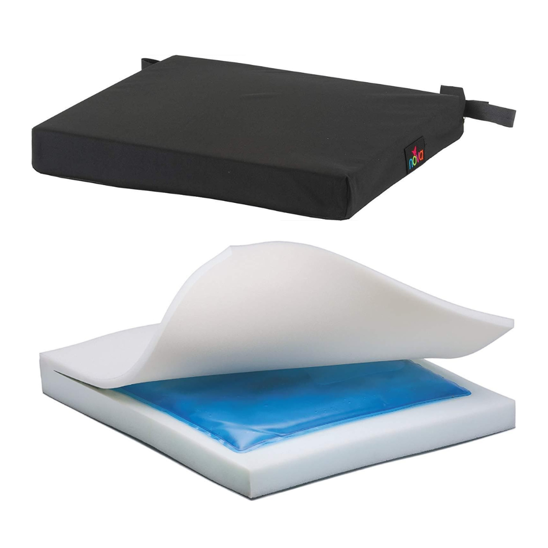 The Nova Gel & Memory Foam Mobility Cushion features a black cover and layered design: top foam, blue gel memory foam, and a white foam base—ideal for those seeking supportive wheelchair cushions.